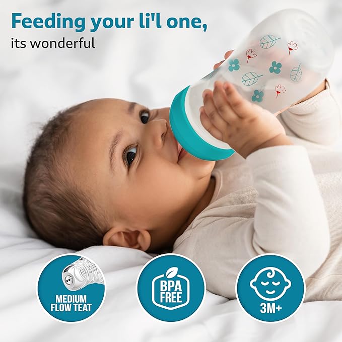 LuvLap Anti-Colic Slim/Regular Neck Baby Feeding Bottle – 250ml, Green, Wild Flowers, BPA-Free, for Newborns & Toddlers (3m+)