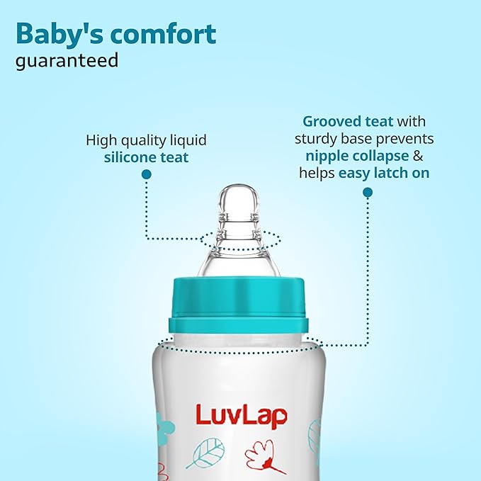 LuvLap Anti-Colic Slim/Regular Neck Baby Feeding Bottle – 250ml, Green, Wild Flowers, BPA-Free, for Newborns & Toddlers (3m+)