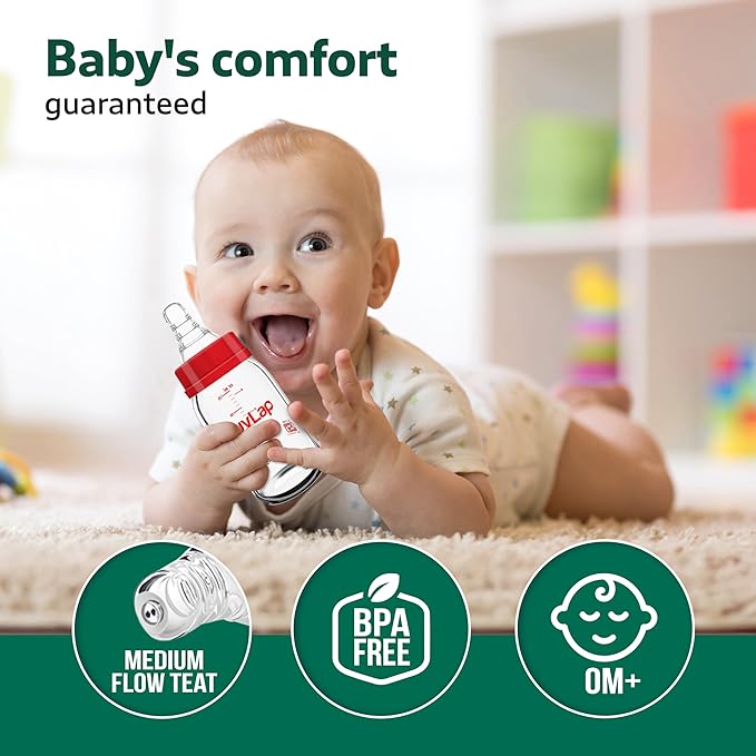 125ml, 0m+/Babies Upto 3 Years, Made of Borosilicate Glass, BPA Free, Ergonomic Shape is Easy to Hold, with Anti Colic Nipple, White & Red, Pack of 1