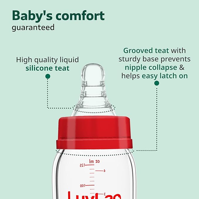 125ml, 0m+/Babies Upto 3 Years, Made of Borosilicate Glass, BPA Free, Ergonomic Shape is Easy to Hold, with Anti Colic Nipple, White & Red, Pack of 1