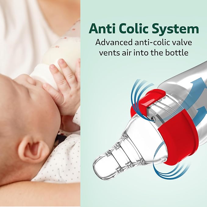 125ml, 0m+/Babies Upto 3 Years, Made of Borosilicate Glass, BPA Free, Ergonomic Shape is Easy to Hold, with Anti Colic Nipple, White & Red, Pack of 1