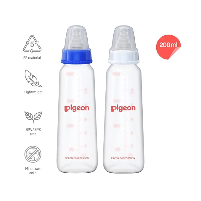 Pigeon Peristaltic Baby Nursing Bottle, KPP, Medium Nipple, BPA & BPS Free, 200ml, Pack of 2, Blue & White, 4+ Months