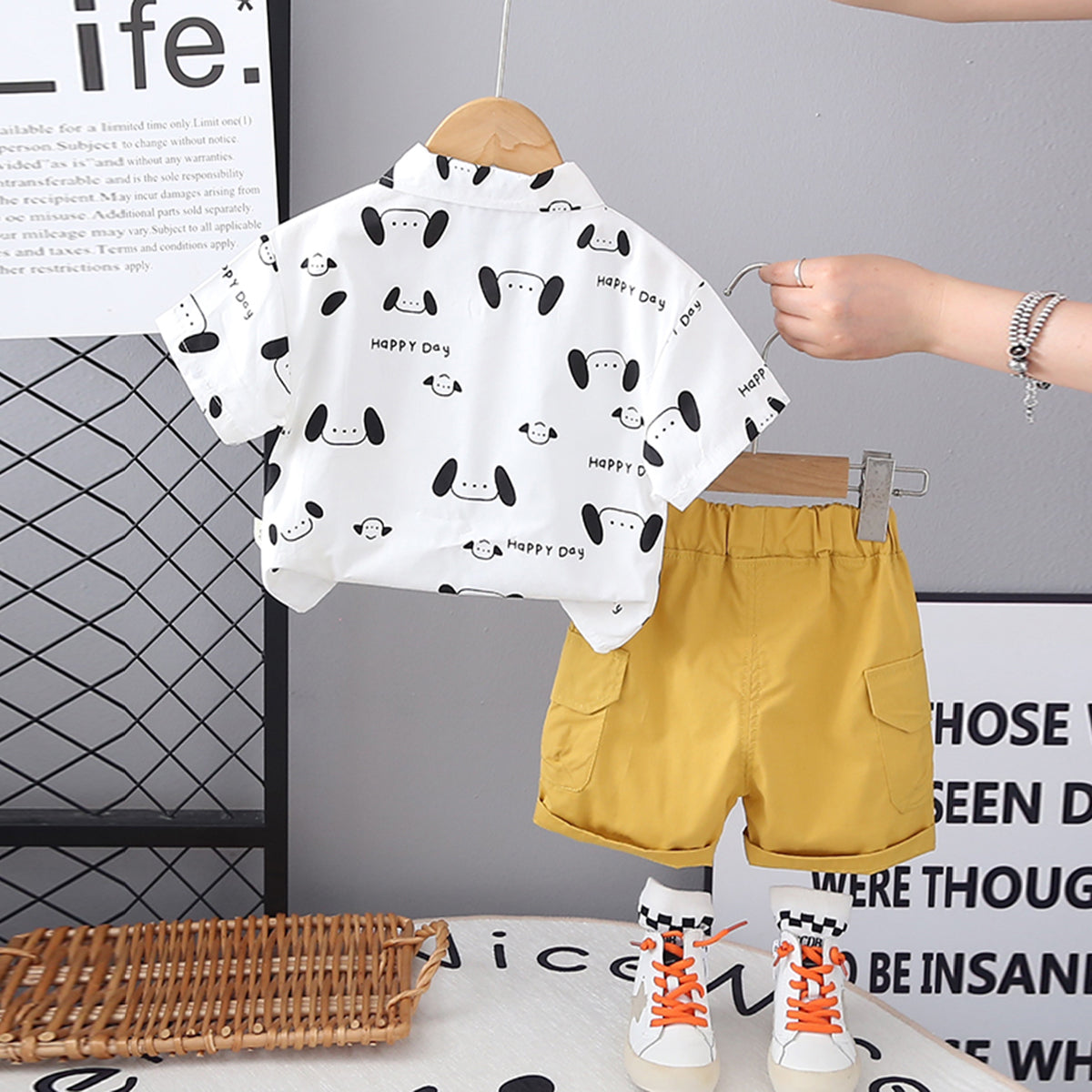 Boys Yellow Printed Short Sleeves Shirt
With Cargo Shorts Set