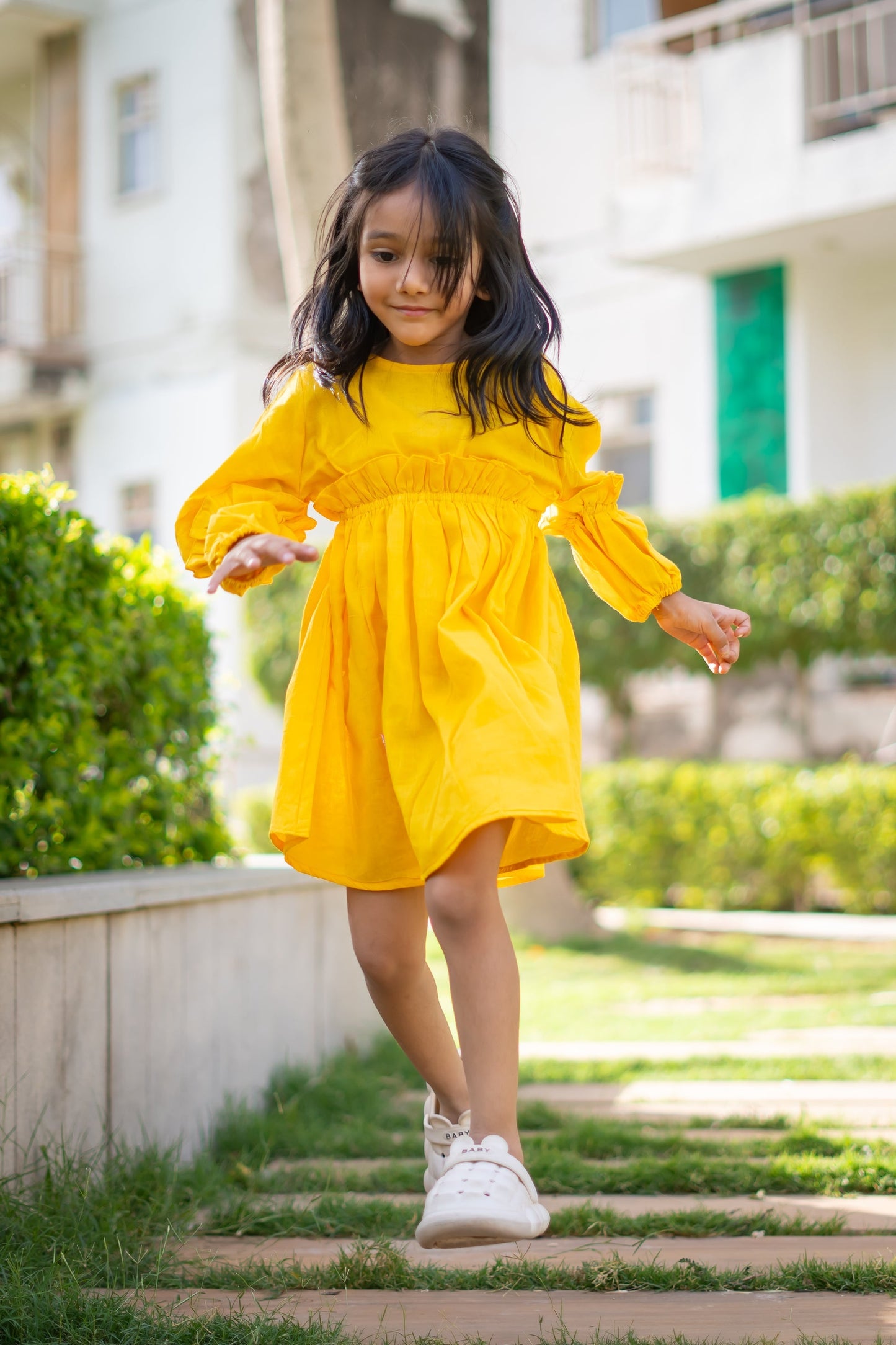Girls' Mulmul Asymmetrical Dress – Solid Sunny Yellow, Lightweight & Breezy