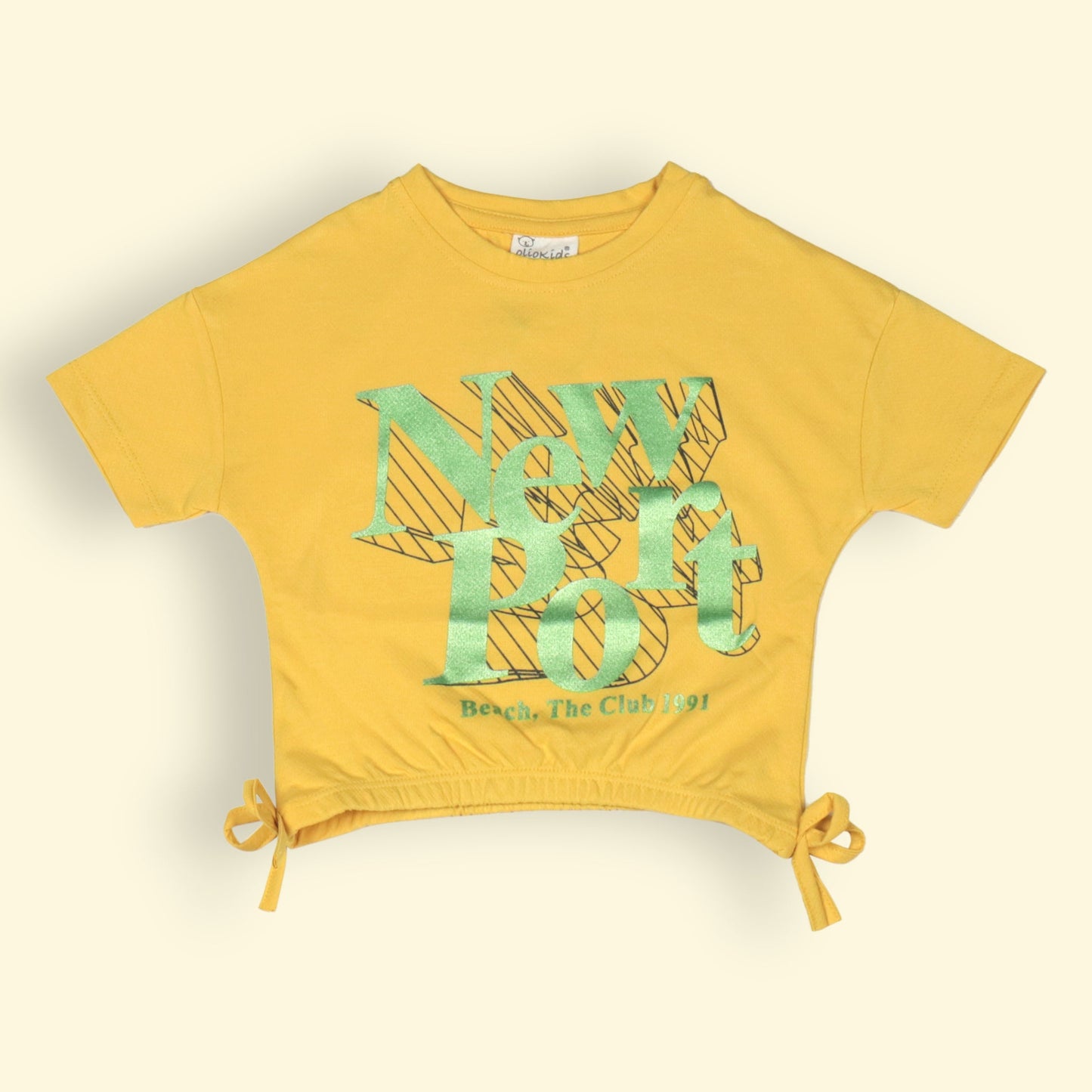 OlioKids Girl's Half Sleeve Round Neck Crop Top with Placement Print (Yellow)