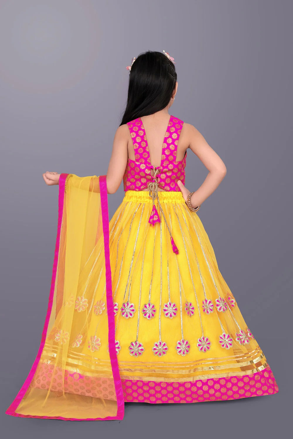 Satyam Fab Yellow Embroidered Lehenga Choli Set for Girls – Sleeveless Jacquard Top with Tulle Skirt & Dupatta