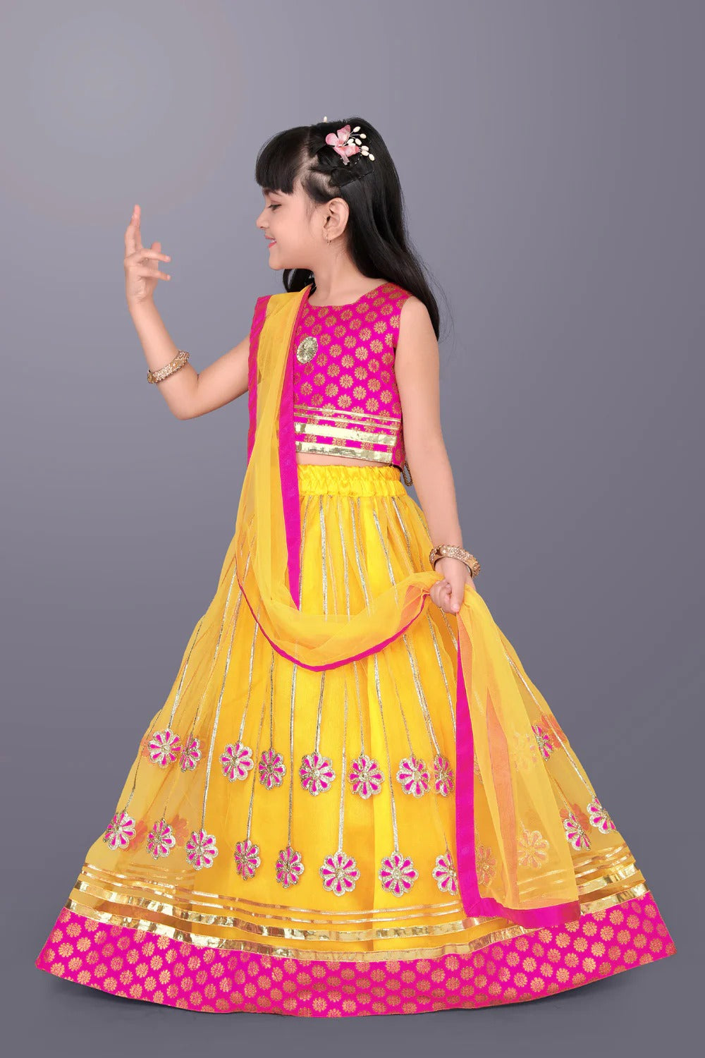 Satyam Fab Yellow Embroidered Lehenga Choli Set for Girls – Sleeveless Jacquard Top with Tulle Skirt & Dupatta