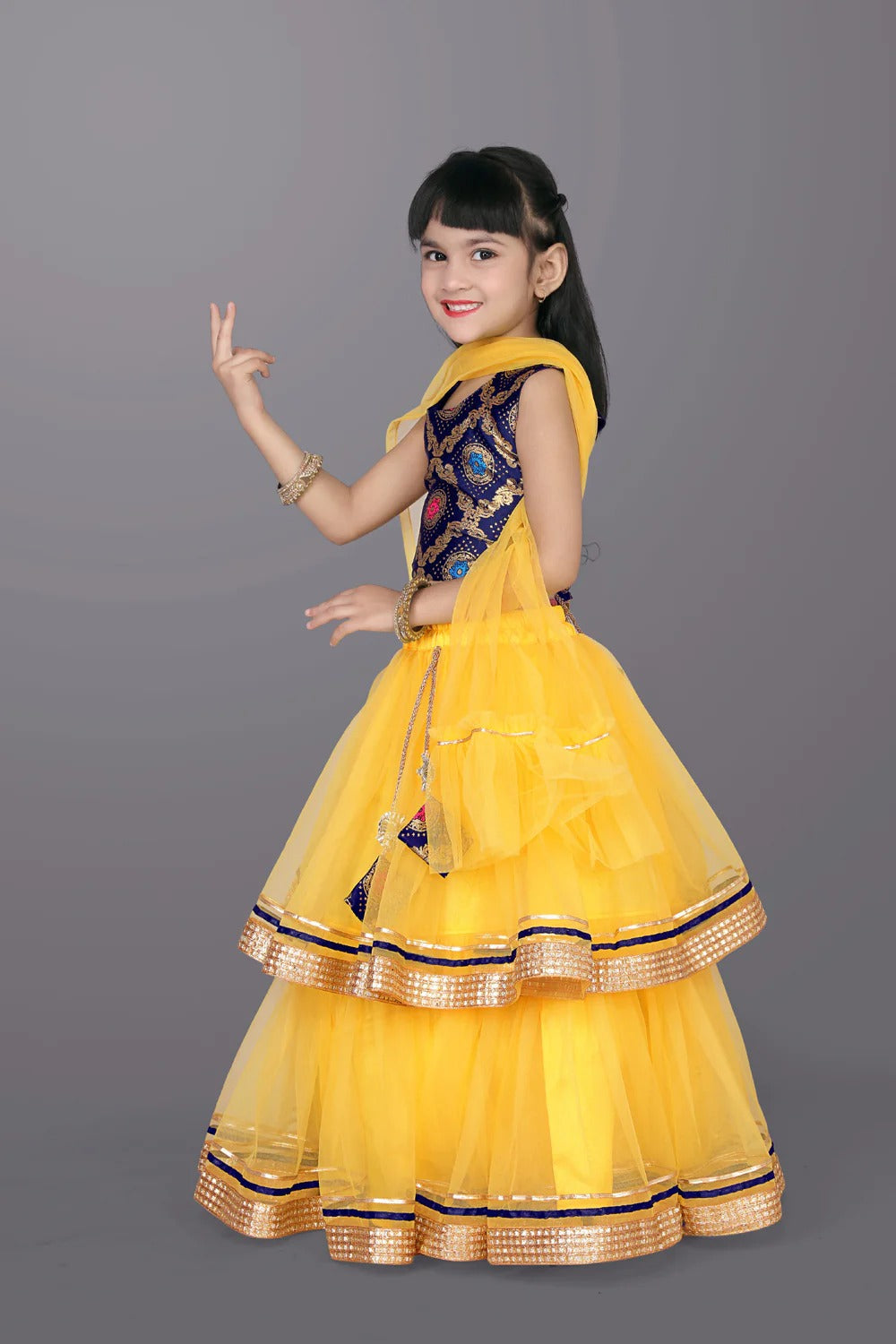 Satyam Fab Yellow Embroidered Lehenga Choli Set for Girls – Sleeveless Jacquard Top with Tulle Skirt & Dupatta
