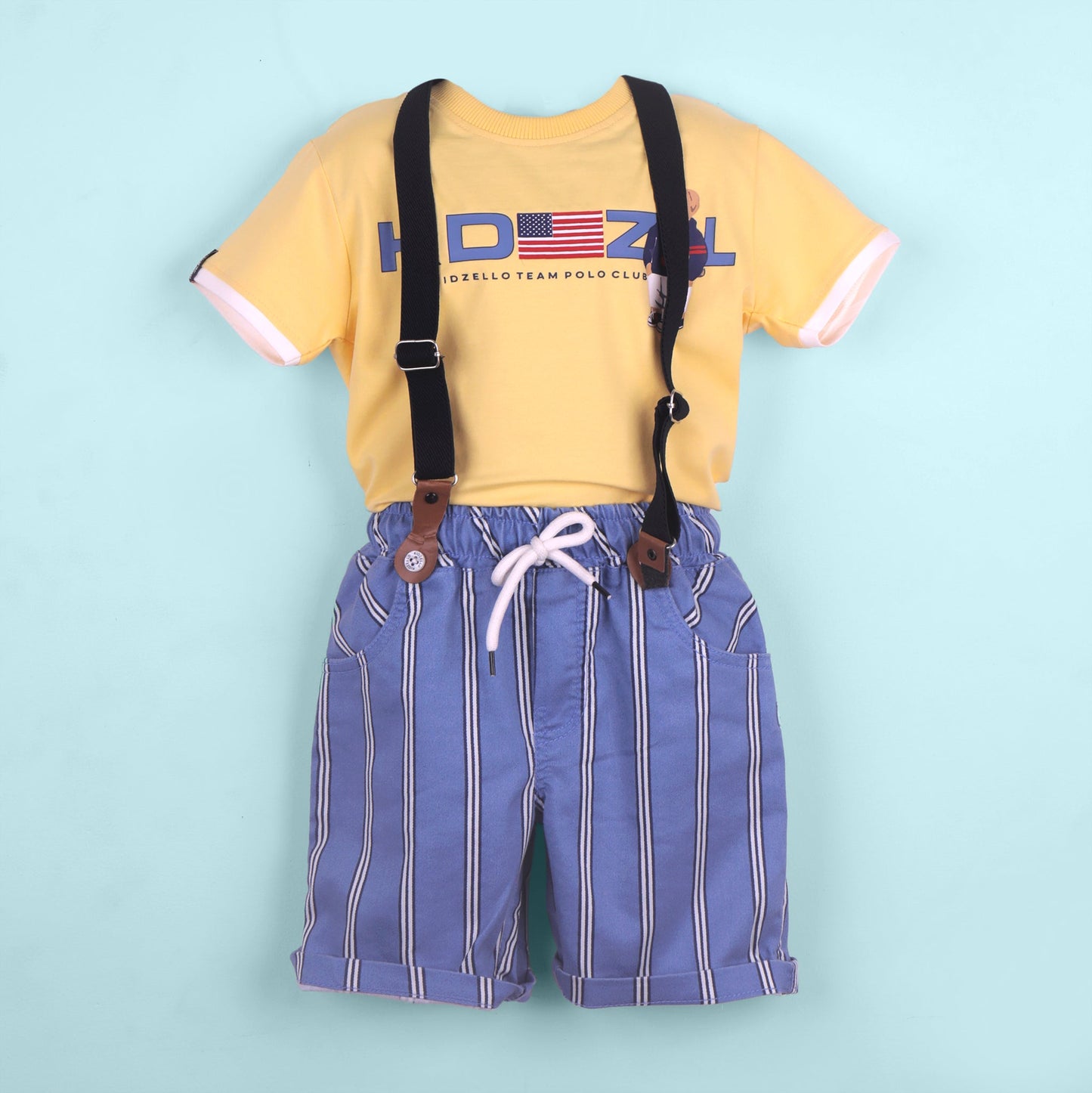 Smart Party Look – Boys’ Yellow Cotton Tee with Shorts & Braces