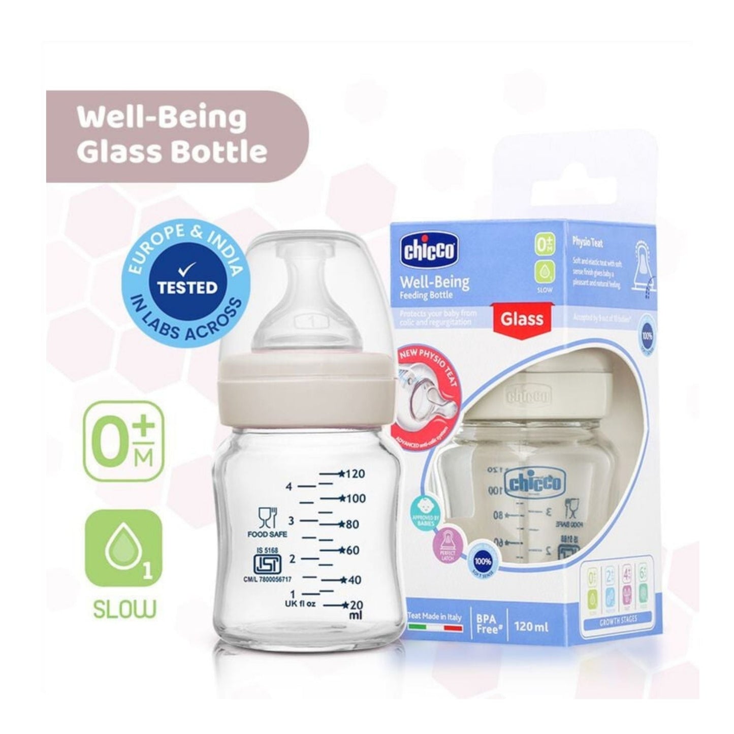 Chicco Well-Being Glass Baby Bottle 120ml – Slow Flow Nipple, Anti-Colic Feature (Neutral)