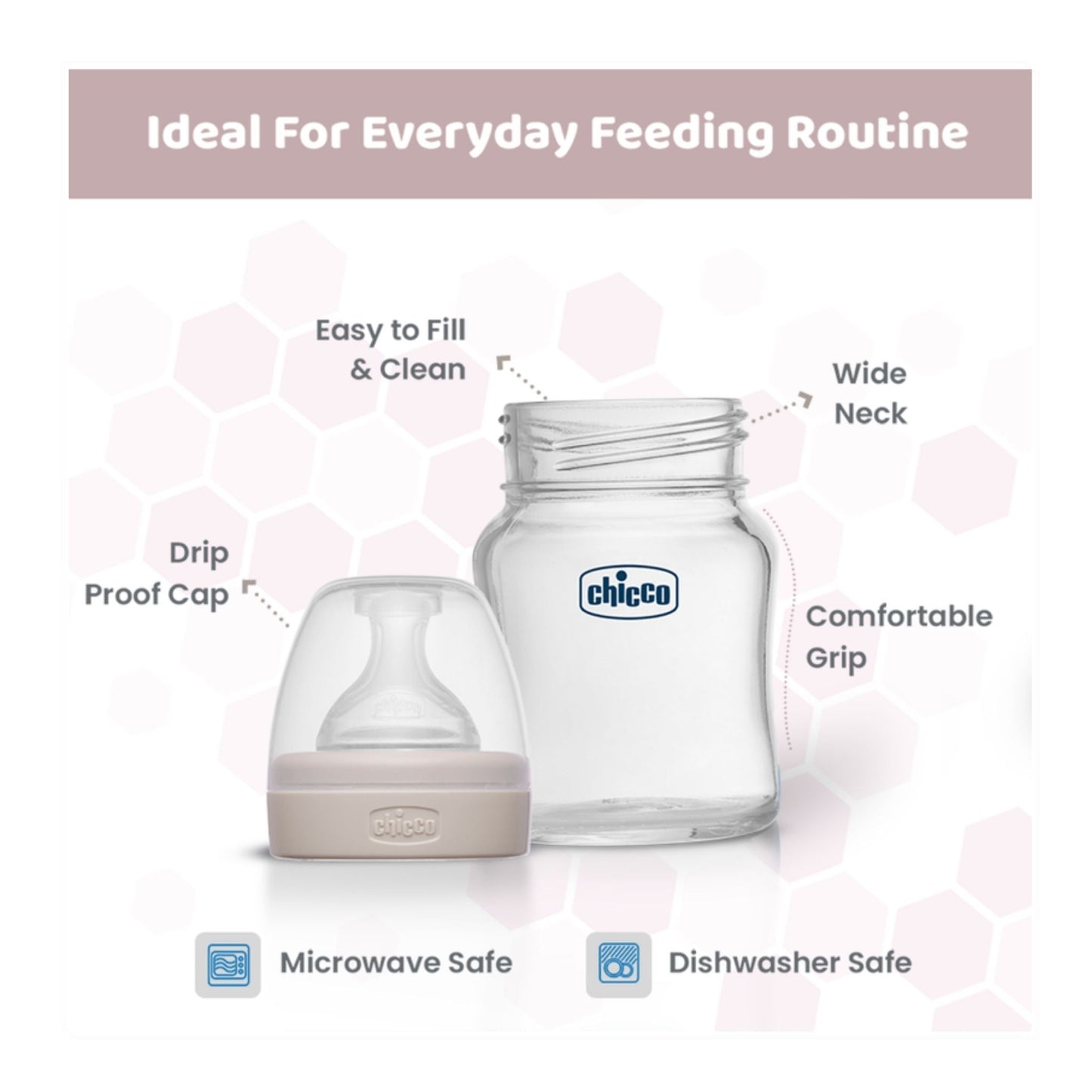 Chicco Well-Being Glass Baby Bottle 120ml – Slow Flow Nipple, Anti-Colic Feature (Neutral)