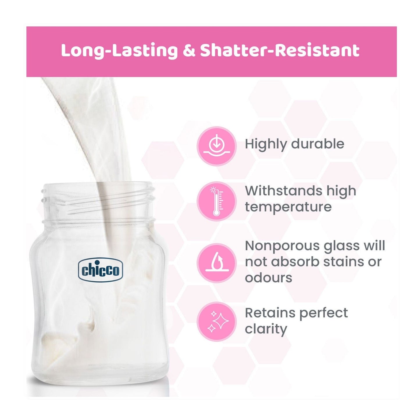 Chicco Well-Being Glass Baby Bottle 120ml – Slow Flow Nipple, Anti-Colic Feature (Pink)