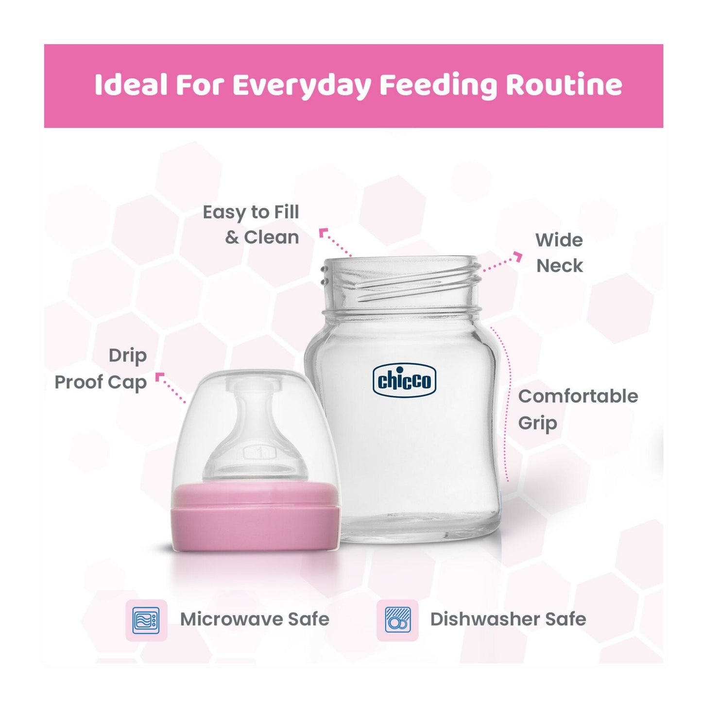Chicco Well-Being Glass Baby Bottle 120ml – Slow Flow Nipple, Anti-Colic Feature (Pink)