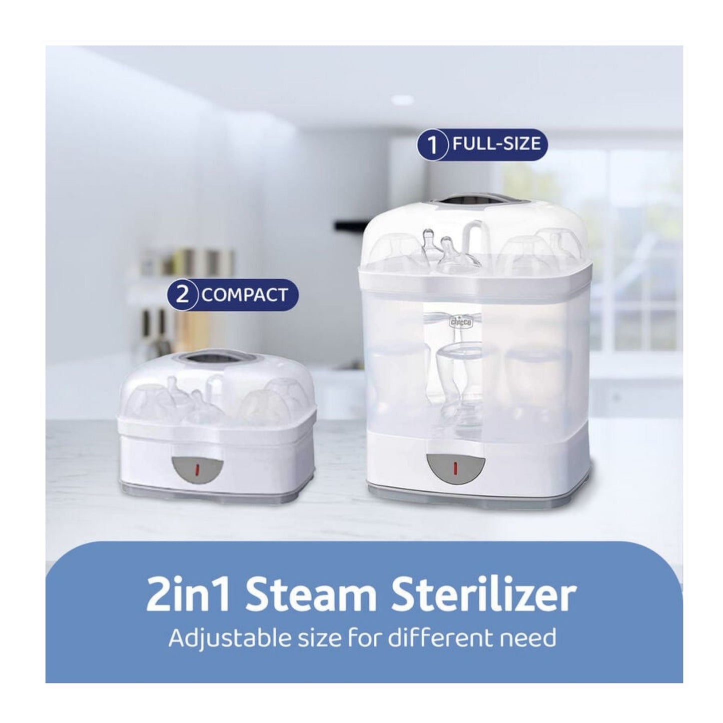 Chicco Steam Sterilizer 2-in-1 – 6-Bottle Capacity, Fast 5-Min Sterilization, Kills 99.9% Germs, Sterile for 24 Hours, Auto Off, Travel-Friendly