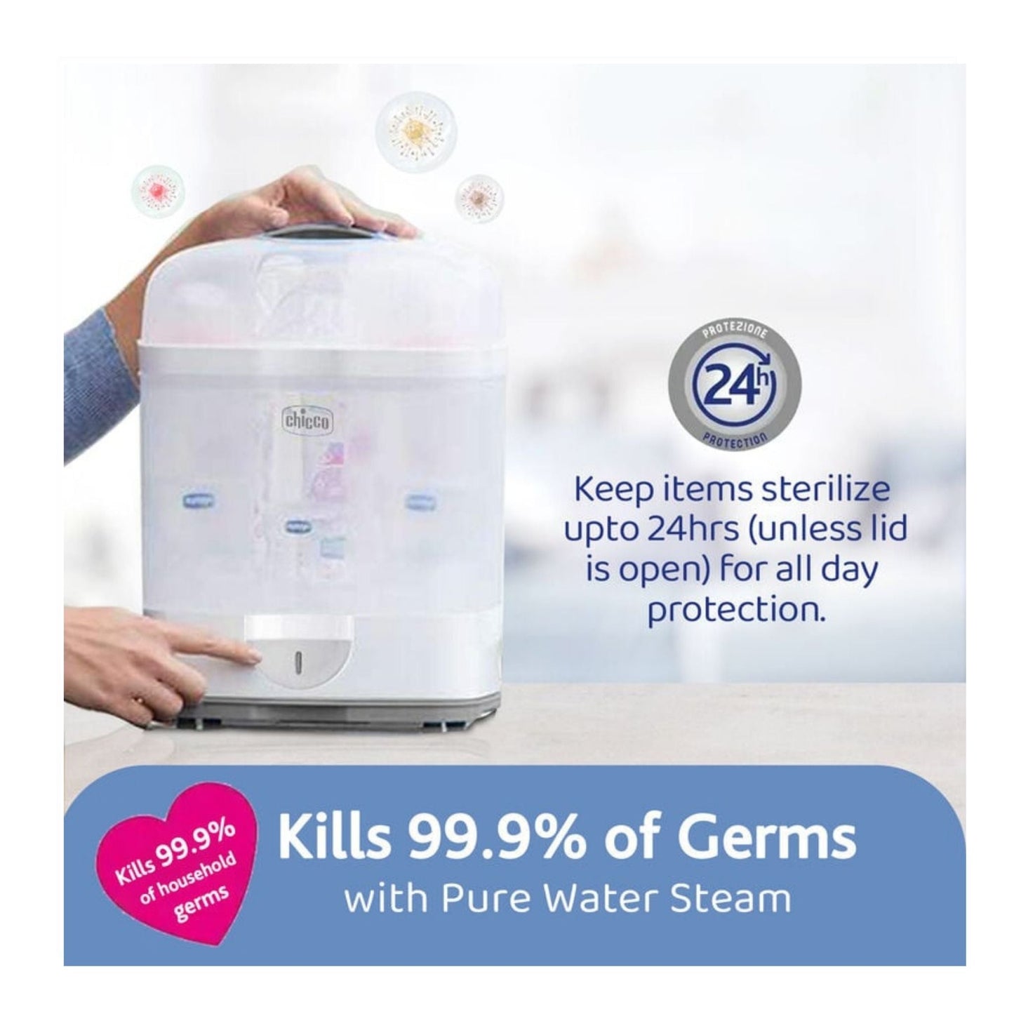 Chicco Steam Sterilizer 2-in-1 – 6-Bottle Capacity, Fast 5-Min Sterilization, Kills 99.9% Germs, Sterile for 24 Hours, Auto Off, Travel-Friendly