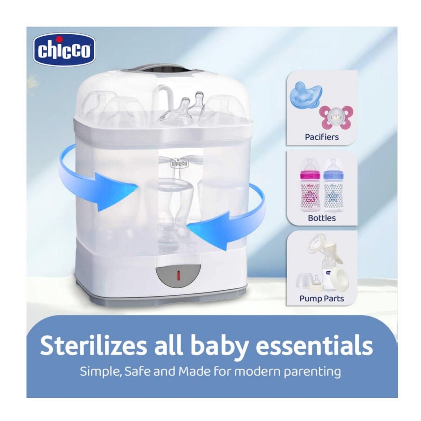 Chicco Steam Sterilizer 2-in-1 – 6-Bottle Capacity, Fast 5-Min Sterilization, Kills 99.9% Germs, Sterile for 24 Hours, Auto Off, Travel-Friendly