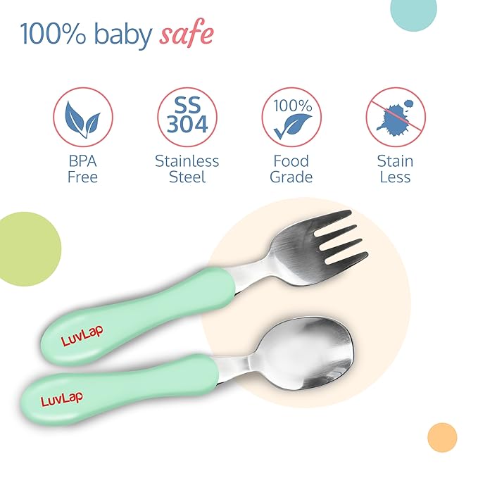 LuvLap Premium Stainless Steel Baby Feeding Set – Fork & Spoon, Light Blue, BPA-Free with PP Handles, Designed for Toddlers 12 Months and Older