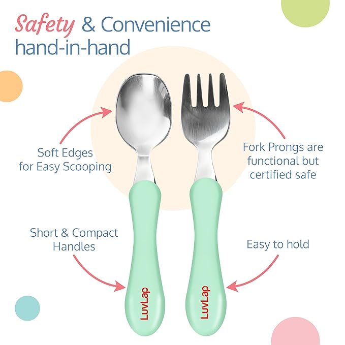 LuvLap Premium Stainless Steel Baby Feeding Set – Fork & Spoon, Light Blue, BPA-Free with PP Handles, Designed for Toddlers 12 Months and Older