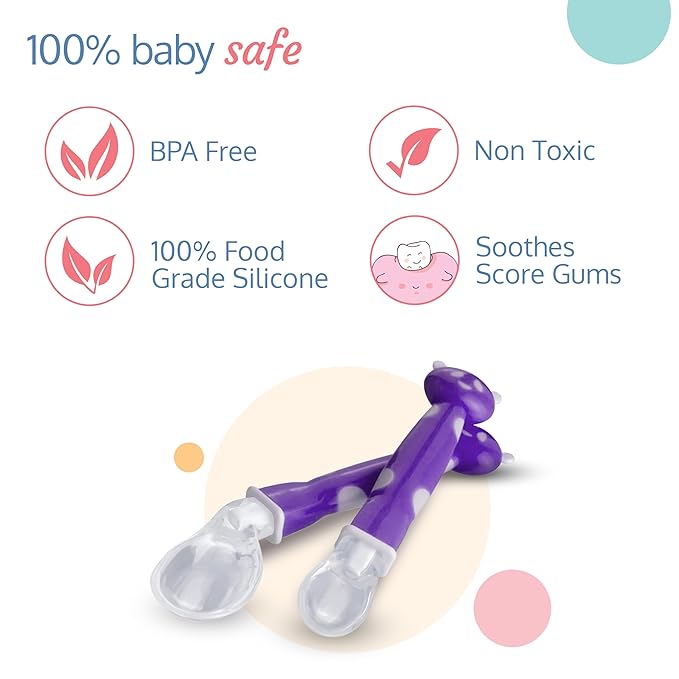 LuvLap Joy Star Baby Self-Feeding Spoon Set – 2 pcs, Soft Silicone Tips, BPA-Free, Magenta/White