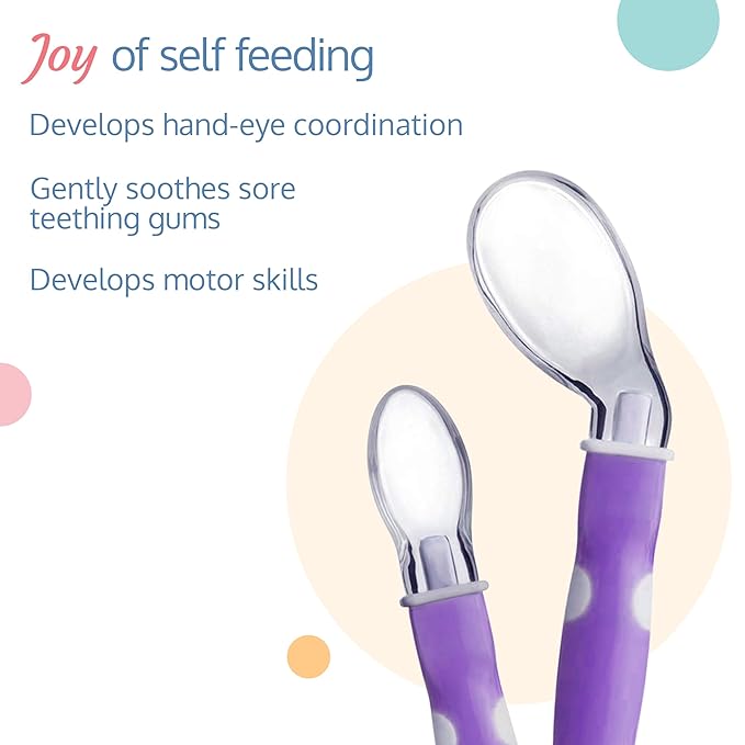LuvLap Joy Star Baby Self-Feeding Spoon Set – 2 pcs, Soft Silicone Tips, BPA-Free, Magenta/White