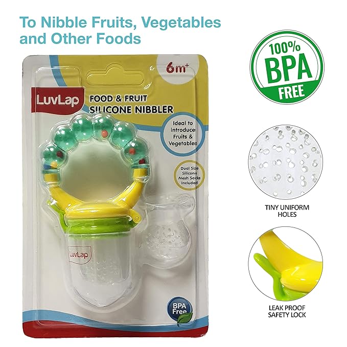 LuvLap Silicone Food and Fruit Nibbler with Extra Mesh – Soft Pacifier Feeder and Teether for Infant Baby, Pearly Green, BPA-Free