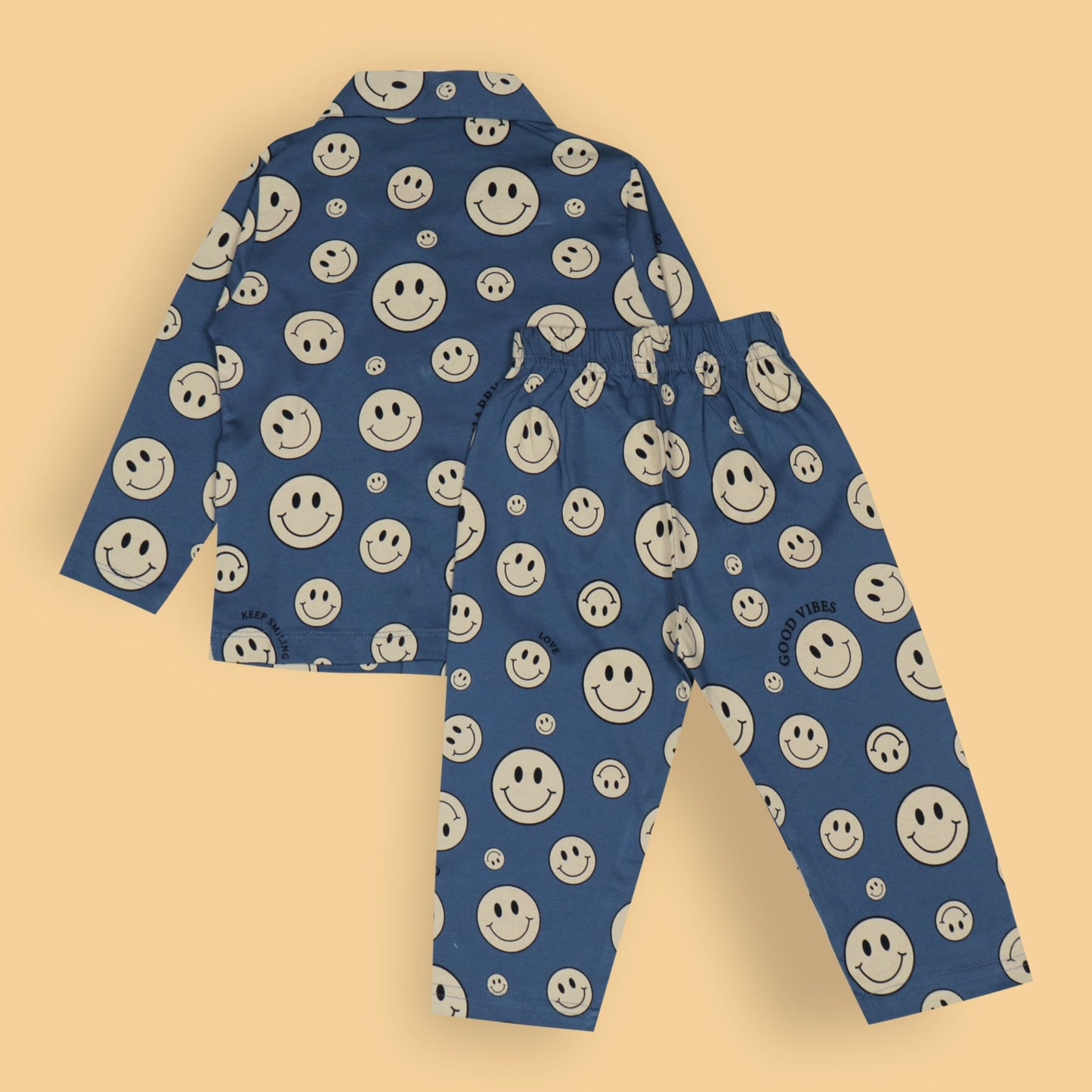 Ollypop Unisex Blue Full Sleeve Smiley Print Night Suit with Full Length Pyjamas