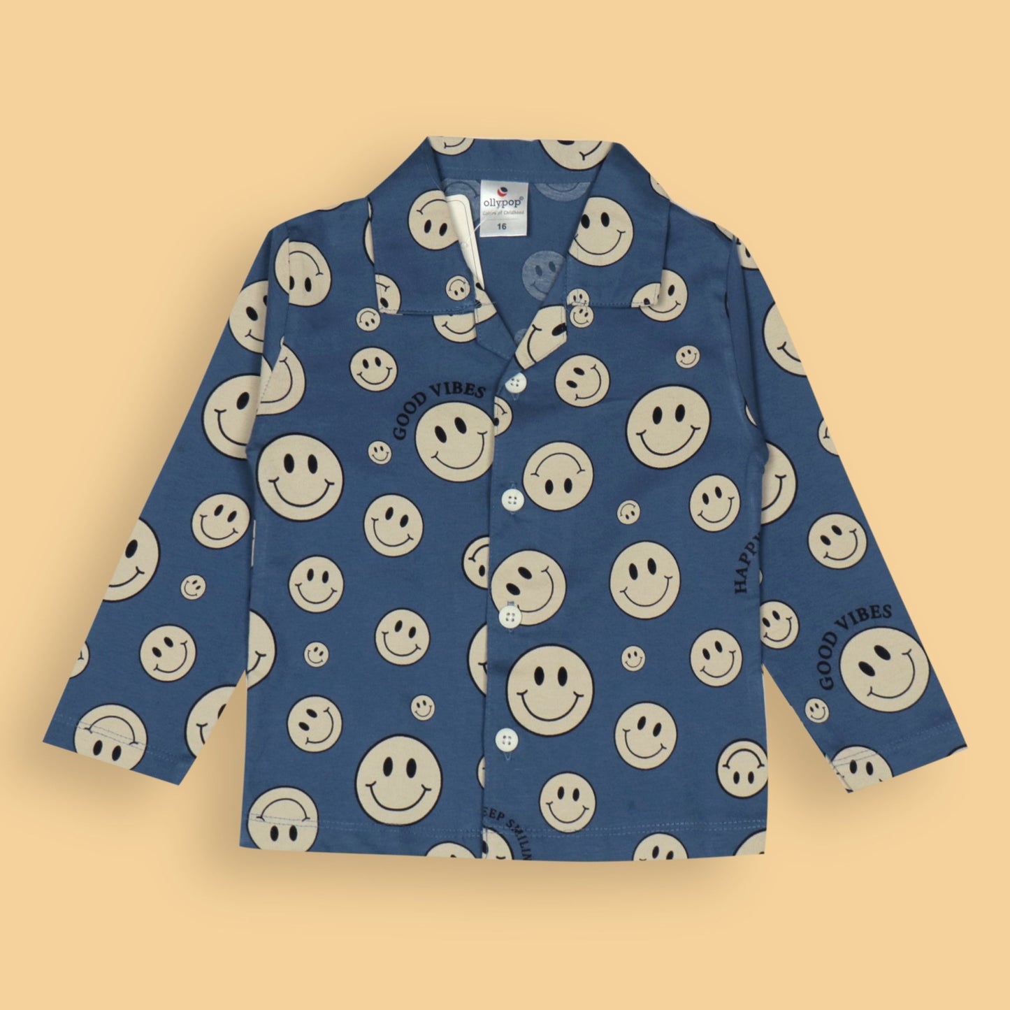 Ollypop Unisex Blue Full Sleeve Smiley Print Night Suit with Full Length Pyjamas