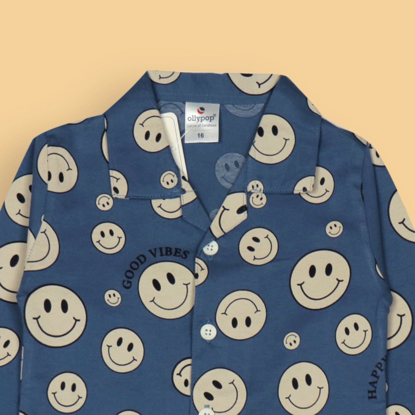 Ollypop Unisex Blue Full Sleeve Smiley Print Night Suit with Full Length Pyjamas