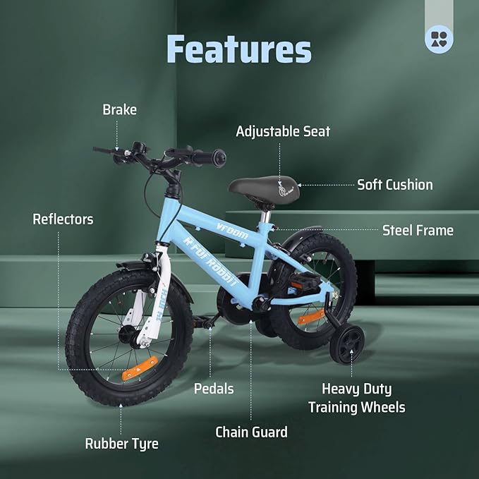 R for Rabbit Vroom Bicycle for Kids Cycle for 3 to 5 Years Boys & Girls 14T Inches Training Wheels 90 Installed (Lake Blue)