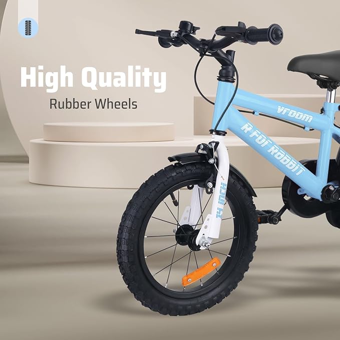 R for Rabbit Vroom Bicycle for Kids Cycle for 3 to 5 Years Boys & Girls 14T Inches Training Wheels 90 Installed (Lake Blue)
