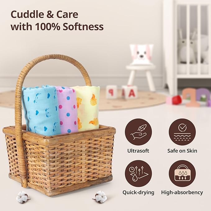 LuvLap 100% Cotton Muslin Baby Swaddle Set – Pack of 3, 120x100cm, Dots & Hearts Print, for Newborns to 18 Months+