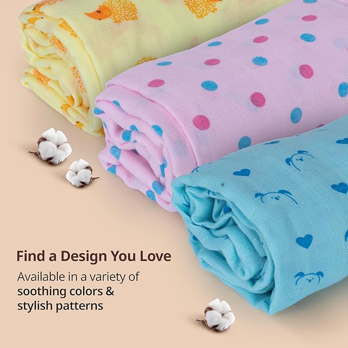 LuvLap 100% Cotton Muslin Baby Swaddle Set – Pack of 3, 120x100cm, Dots & Hearts Print, for Newborns to 18 Months+