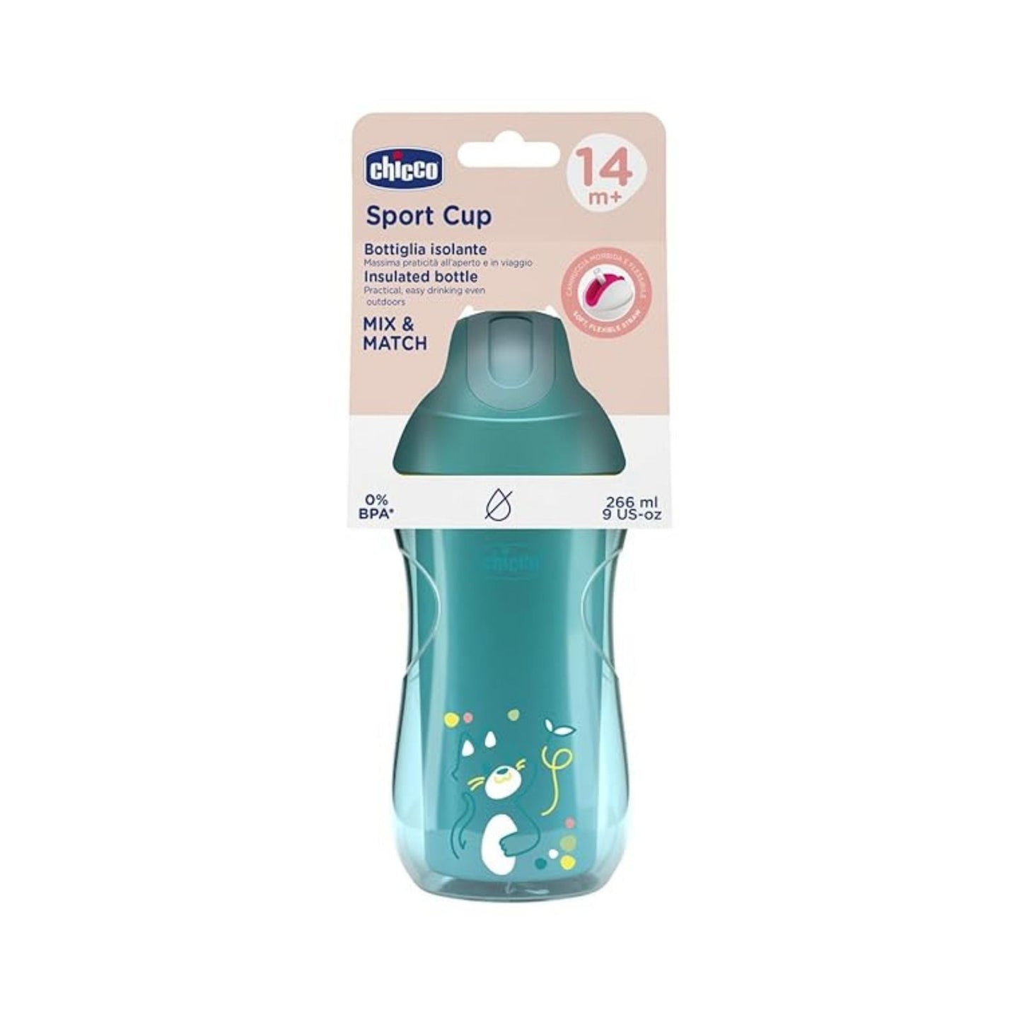 Chicco Insulated Sport Cup with Spill-Proof Soft Silicone Straw (14M+, Teal)