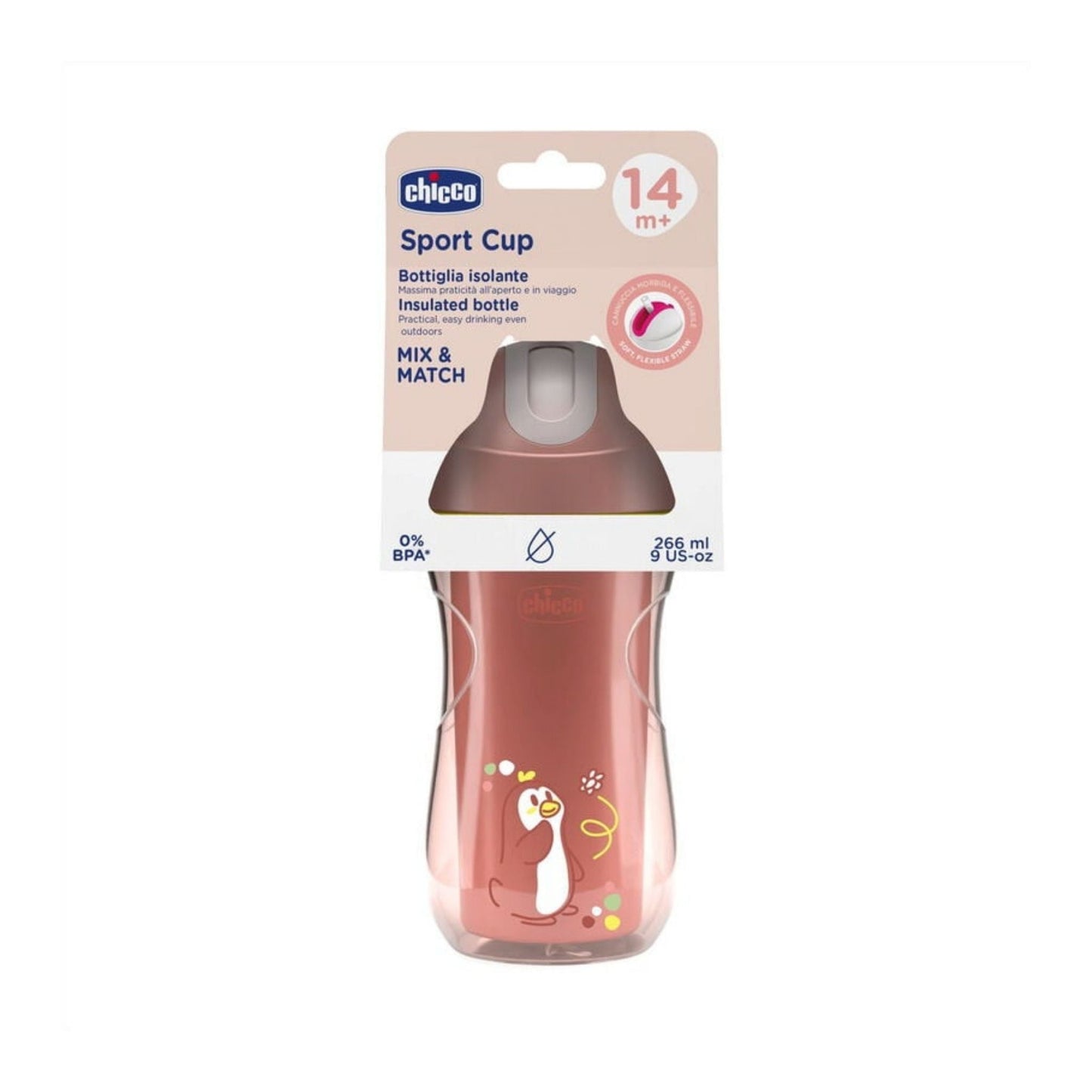 Chicco Insulated Sport Cup with Spill-Proof Soft Silicone Straw (14M+, Pink)