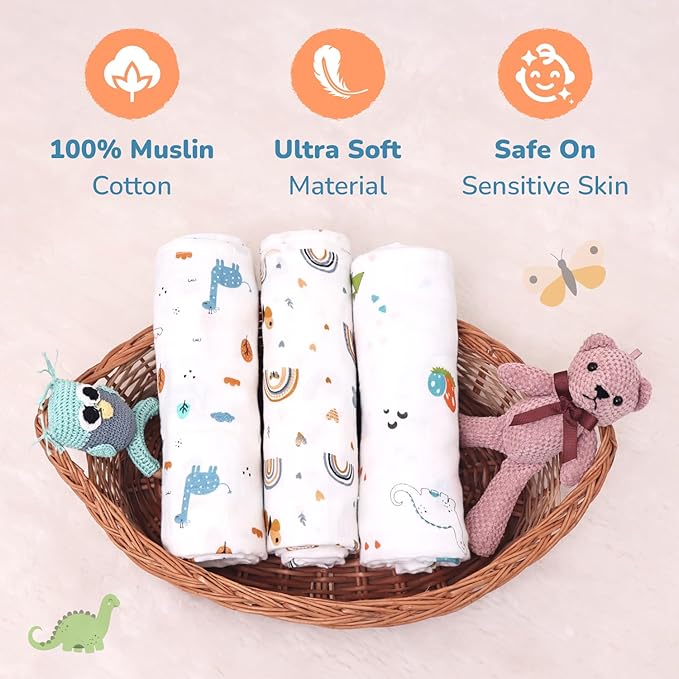 R for Rabbit Cuddlez Swaddle for Newborn Baby 100% Soft Cotton Muslin | Lightweight, Breathable & Skin-Friendly Multipurpose Swaddlers Wrap Set Combo Pack of 3