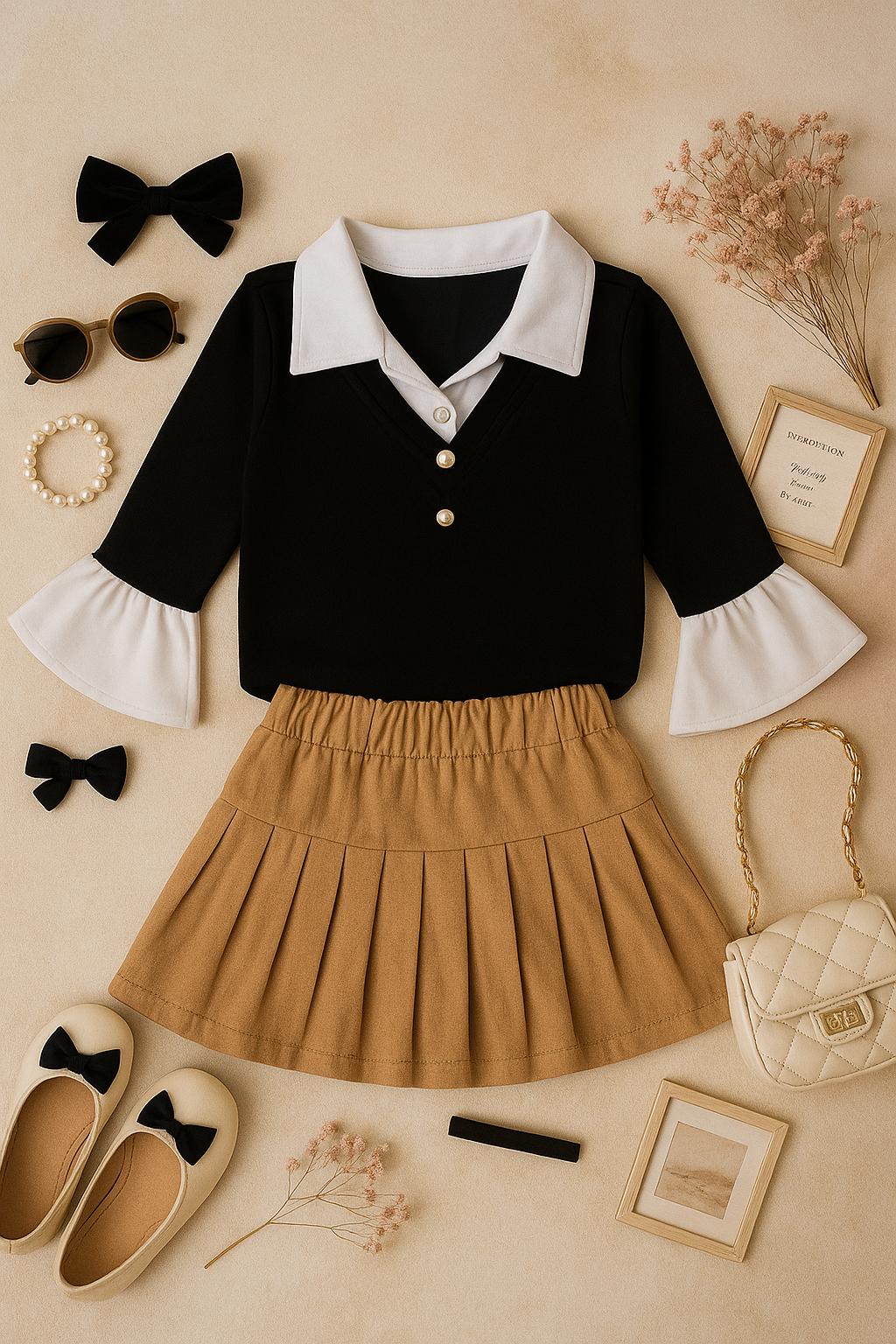 Peekaaboo Fashionista Girls’ Black Knit Top & Pleated Brown Skorts Set – Party & Formal Wear, Summer Style