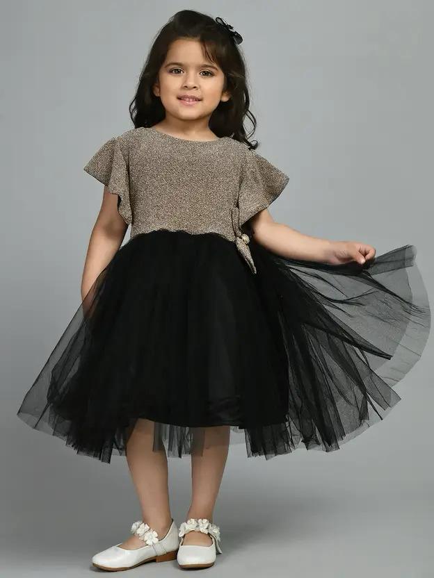 Bella Moda Girl's Black Bow Pattern Short-Sleeve Frock (Partywear)