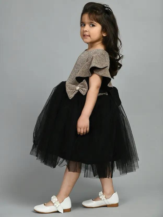 Bella Moda Girl's Black Bow Pattern Short-Sleeve Frock (Partywear)