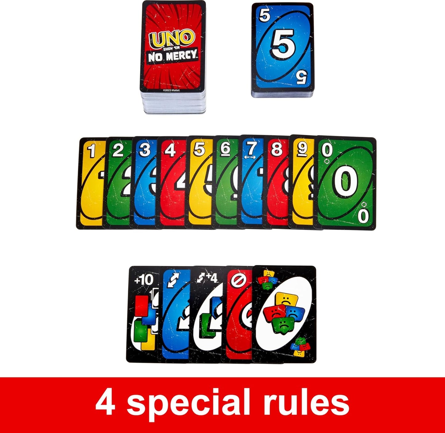 UNO Show ‘em No Mercy Card Game by Mattel – Extra Cards, Special Rules & Harsher Penalties for Kids, Adults, Family Parties & Travel