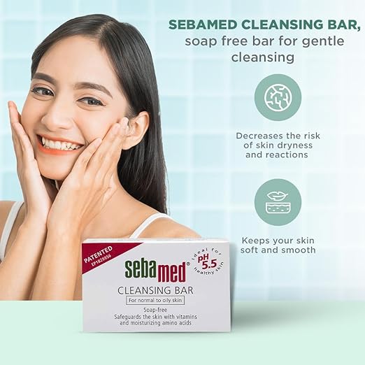 Sebamed Cleansing Bar, Sensitive Skin, pH 5.5, Soap-Free, Moisturizing, Vitamins & Amino Acids, Phthalate/SLS/Paraben-Free, Clinically Proven, 100g, Dry Skin