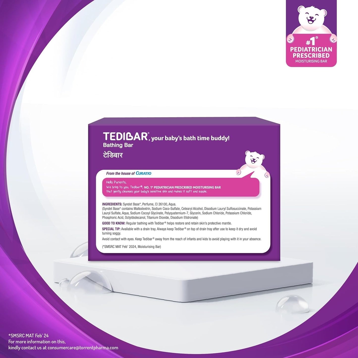 Tedibar Moisturising Baby Bathing Bar 75g – 100% Soap-Free | No.1 Pediatrician Prescribed Moisturising Bar for Babies | Gentle Daily Cleanser for Sensitive Skin | By Torrent Pharma