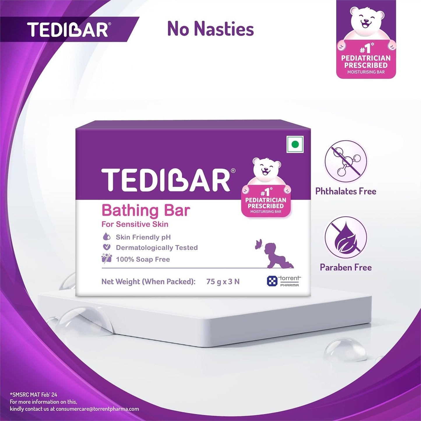 Tedibar Moisturising Baby Bathing Bar 75g – 100% Soap-Free | No.1 Pediatrician Prescribed Moisturising Bar for Babies | Gentle Daily Cleanser for Sensitive Skin | By Torrent Pharma