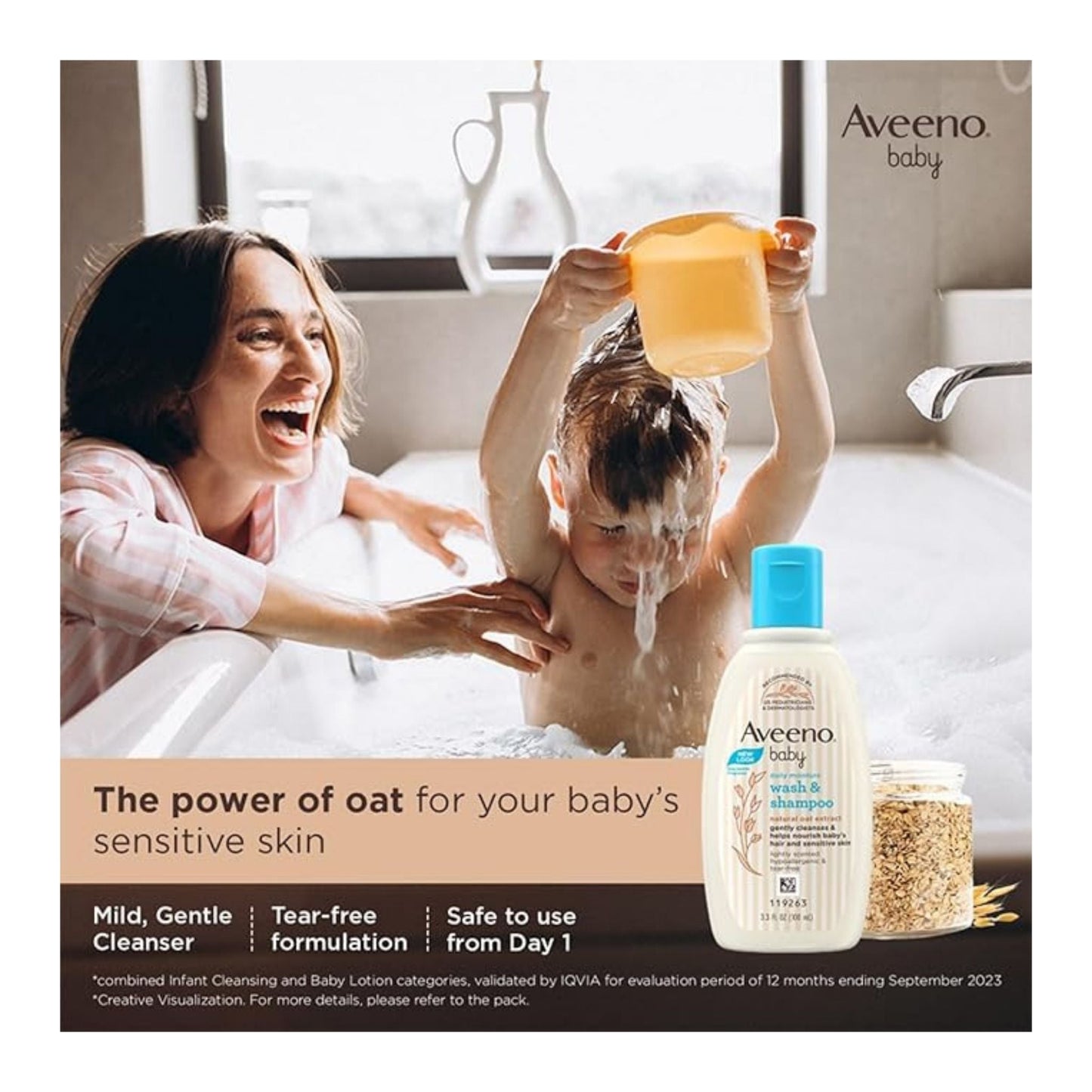Aveeno Baby Daily Moisture Wash & Shampoo (100 ml) – Tear-Free, Soap-Free, Paraben-Free, Hypoallergenic with Oat Kernel Extract & Glycerin | US #1 Pediatrician Recommended