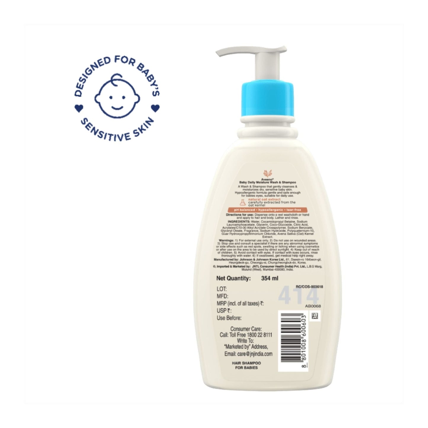 Aveeno Baby Daily Moisture Wash & Shampoo (354 ml) – Tear-Free, Soap-Free, Paraben-Free, Hypoallergenic with Oat Kernel Extract & Glycerin | US #1 Pediatrician Recommended
