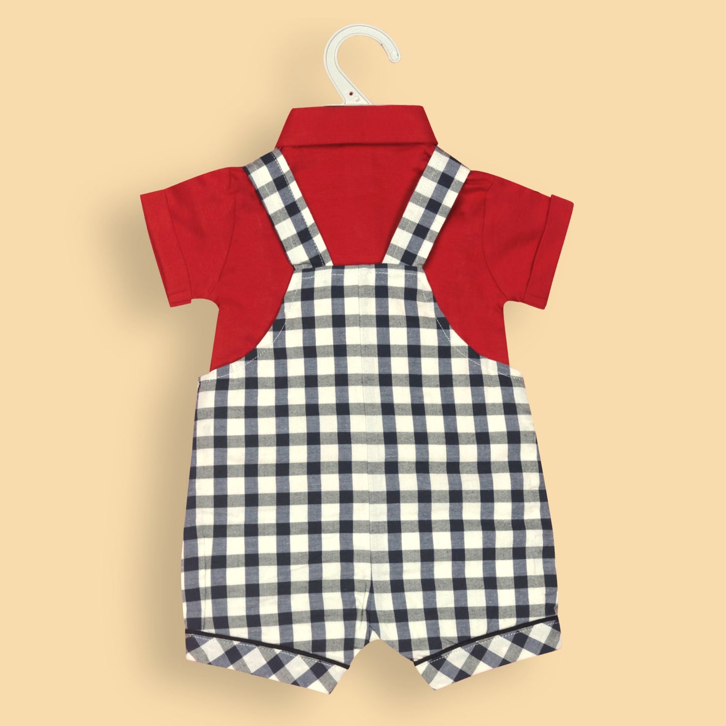 Toffyhouse Smart Outdoor Cotton Romper – Red Checked Half Sleeve Top with Polo Collar & Knee-Length Buttoned Dungaree