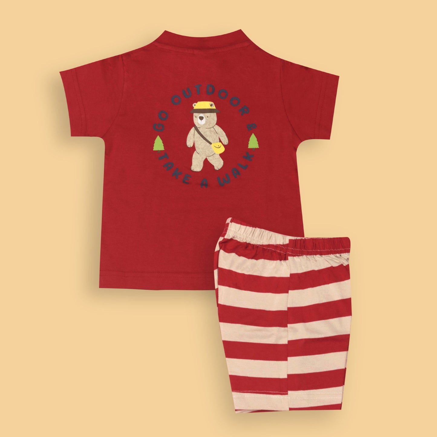 Zero Boys’ Summer Essentials Set – Red Half Sleeve Teddy Bear Cartoon Tee with Front Button & Elastic Waist Shorts