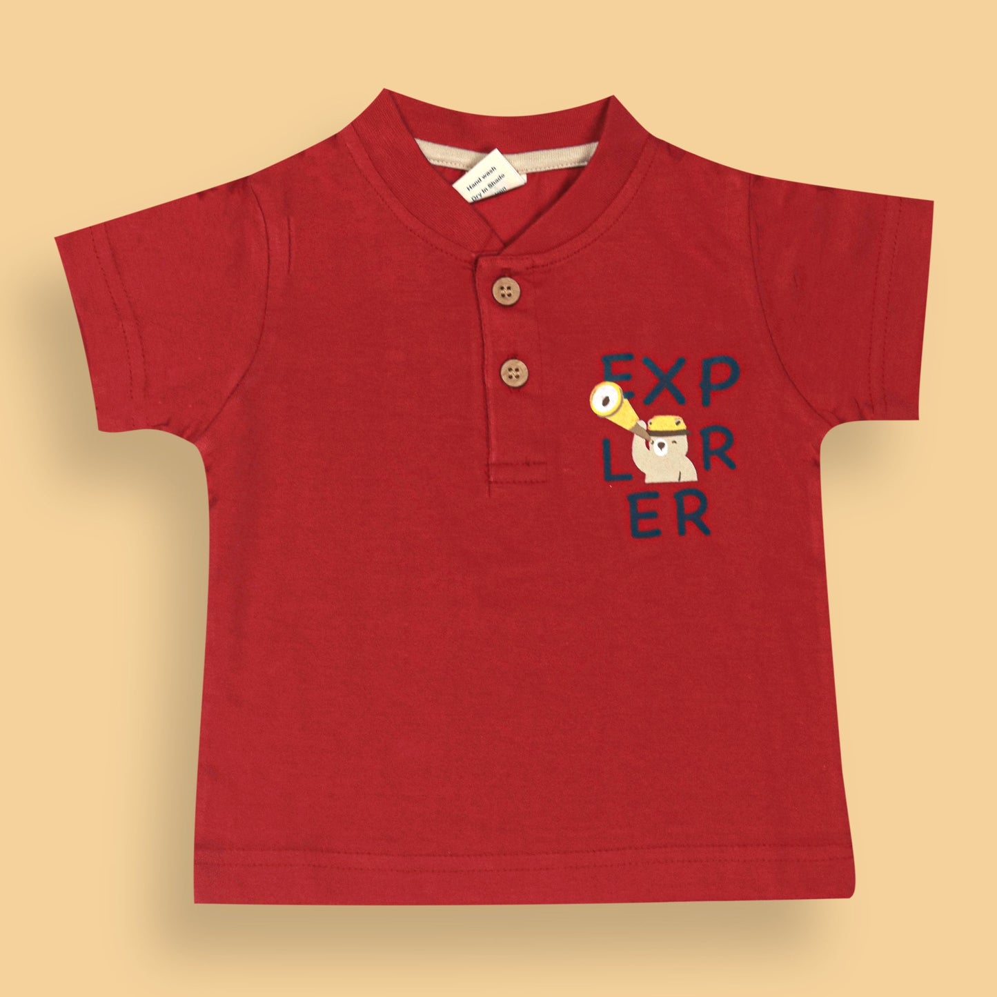 Zero Boys’ Summer Essentials Set – Red Half Sleeve Teddy Bear Cartoon Tee with Front Button & Elastic Waist Shorts