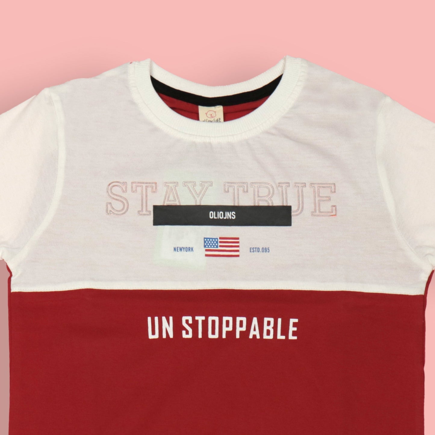 OlioKids Boys’ Red Half Sleeve Tee – Stay True, Unstoppable Quote, Cotton Blend for Outdoor, Party & Everyday Wear