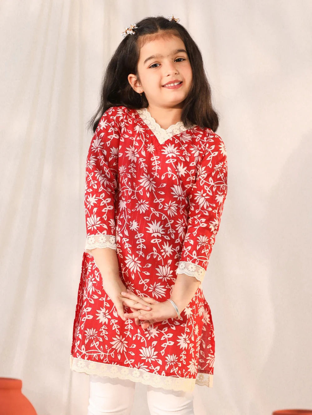 Chic in Cotton: Printed Red Kurti Set
