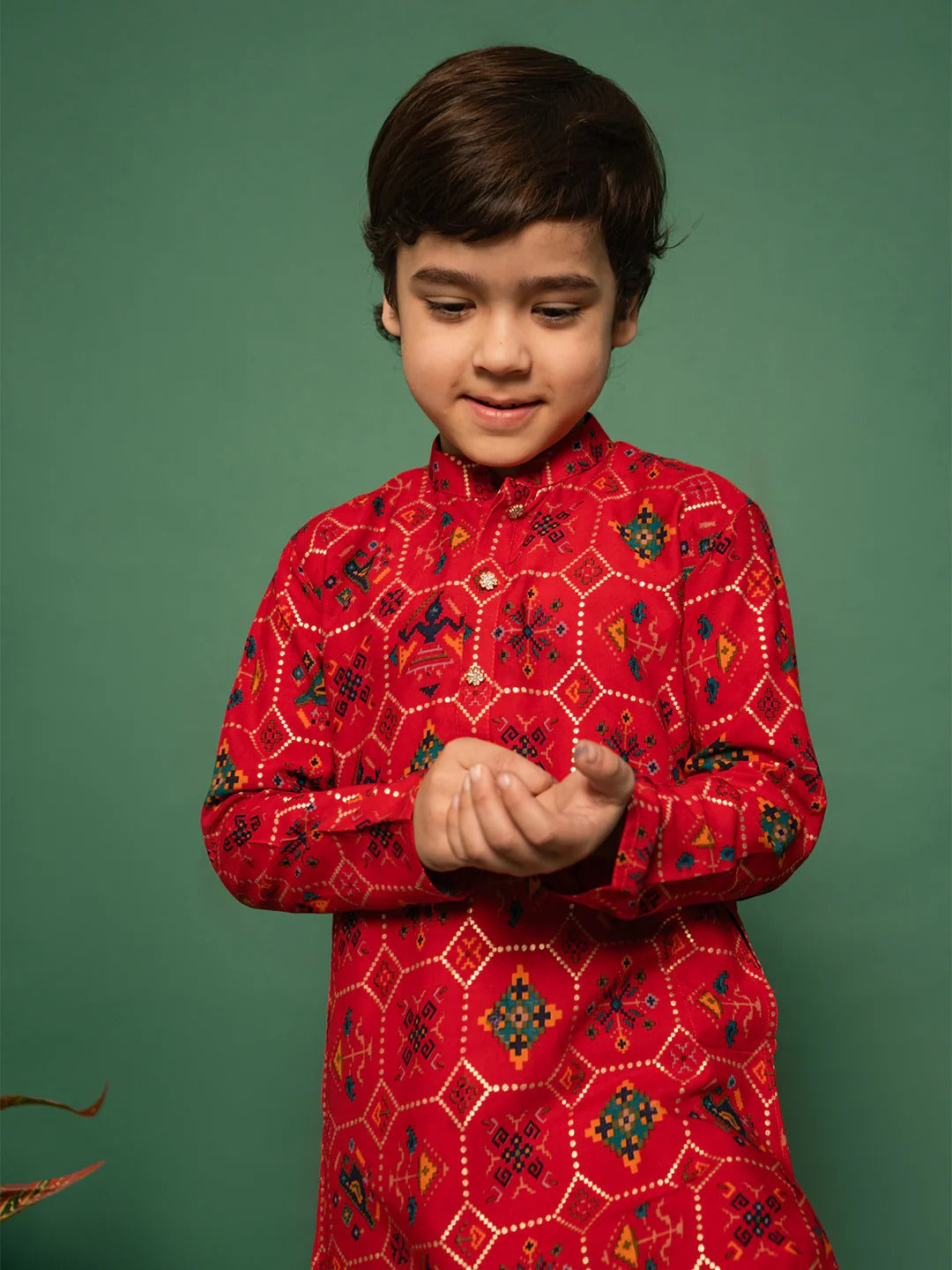 Playful Prince – Red Printed Kurta Pyjama Ensemble